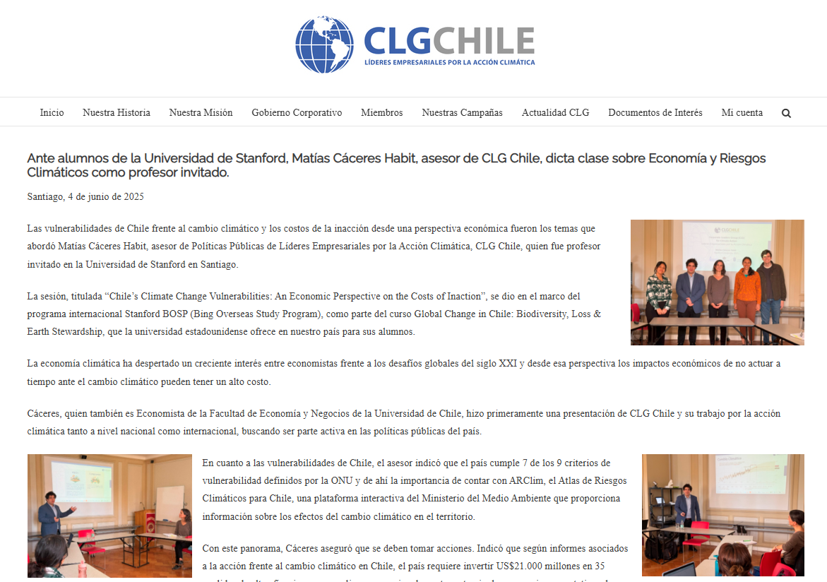 Captura de la noticia publicada en CLG Chile sobre la clase dictada a alumnos de Stanford